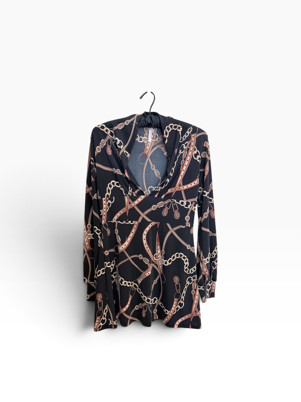 Black Equestrian Chain-Print Mini Dress with V-Neck
